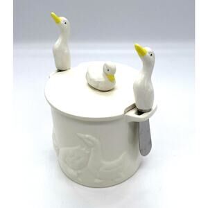 Shafford Hand Painted Duck 4" Canister with 2 Matching Spreaders Japan *Sm Chip